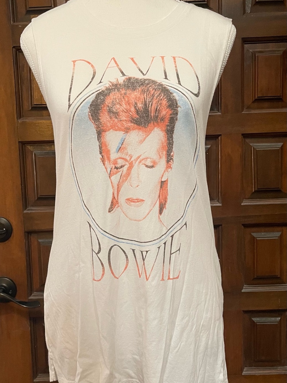 David Bowie Graphic Muscle Tee - White with Peach & Blue Print